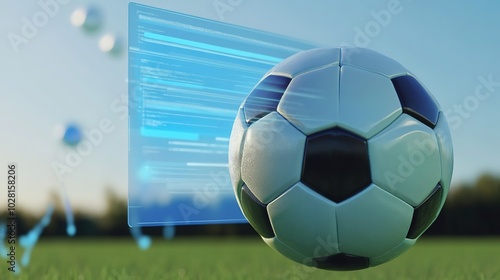 Dynamic digital concept of a soccer ball with a web browser interface flying over it. This modern and abstract design symbolizes the fusion of sports and technology, perfect for illustrating online 