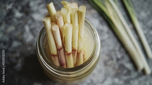 Lemongrass in a jar on grey stone background Top view Copy space : Generative AI photo