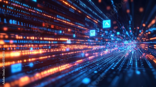 A vibrant digital landscape depicting data flow and connectivity in a tech environment.