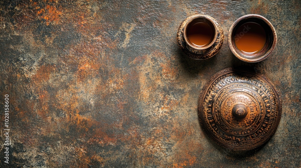 Rustic Pots with Dark Liquid on Textured Surface Rustic Pots with Dark Liquid on Textured Surface