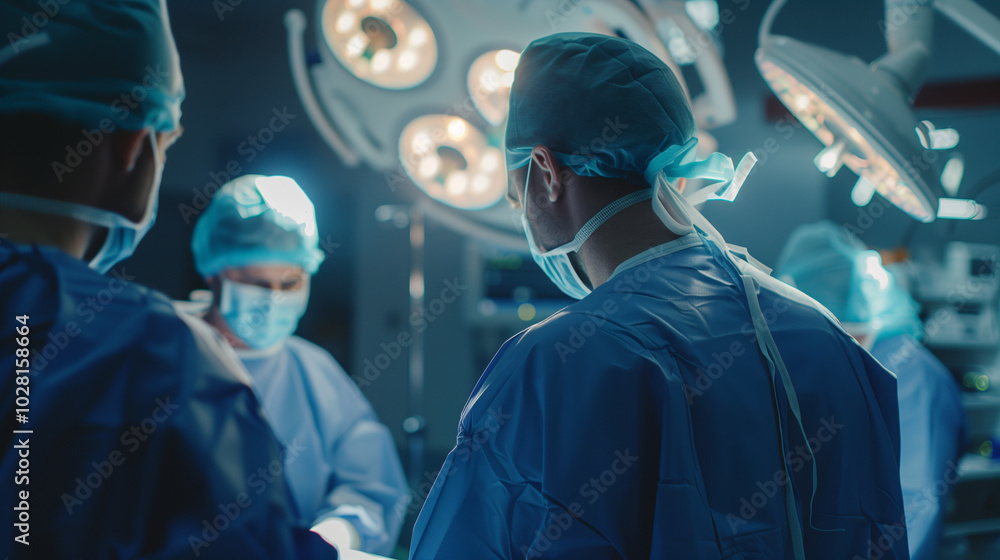 Team of surgeons performing an operation in a sterile, well-lit surgical room Team of surgeons performing an operation in a sterile, well-lit surgical room