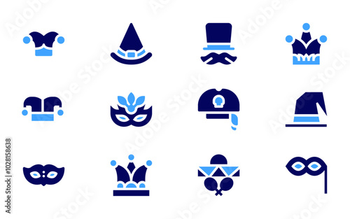 Costume party icon set. Bold style. Duotone colors. hat, witch hat, birthday and party, joker hat, eye mask, pirate hat, mask, minstrel, mexican