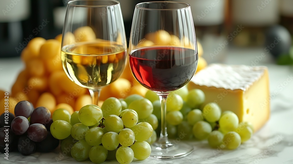 Assortment of cheese grapes with red and white wine in glasses Marble background Top view : Generative AI Assortment of cheese grapes with red and white wine in glasses Marble background Top view : Generative AI