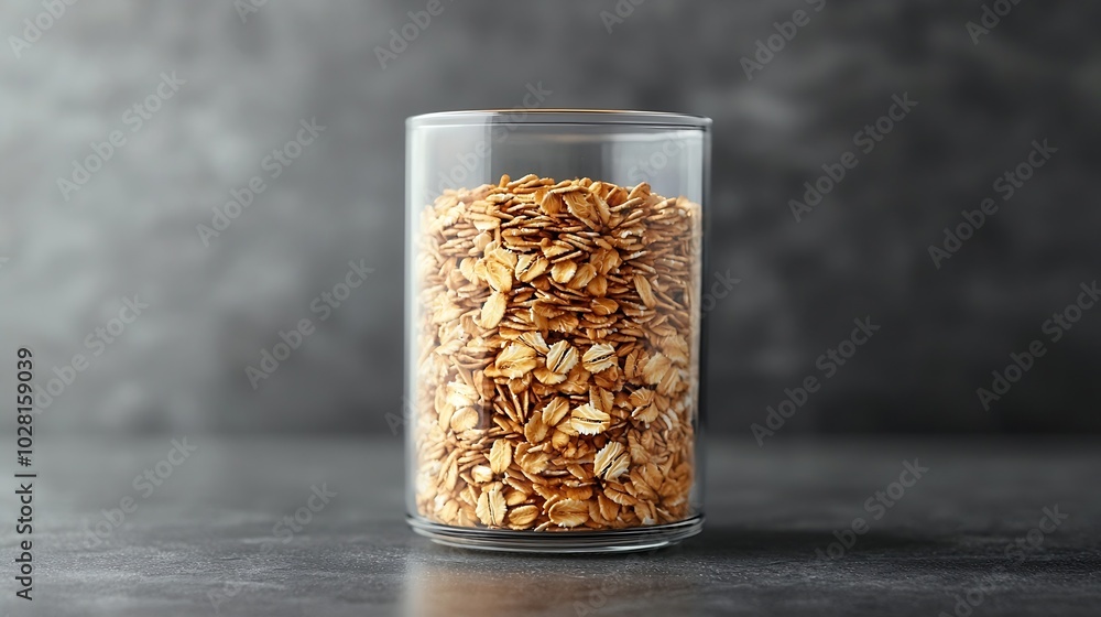 Healthy breakfast Organic oat flakes in a glass jar Grey textile background Copy space : Generative AI Healthy breakfast Organic oat flakes in a glass jar Grey textile background Copy space : Generative AI