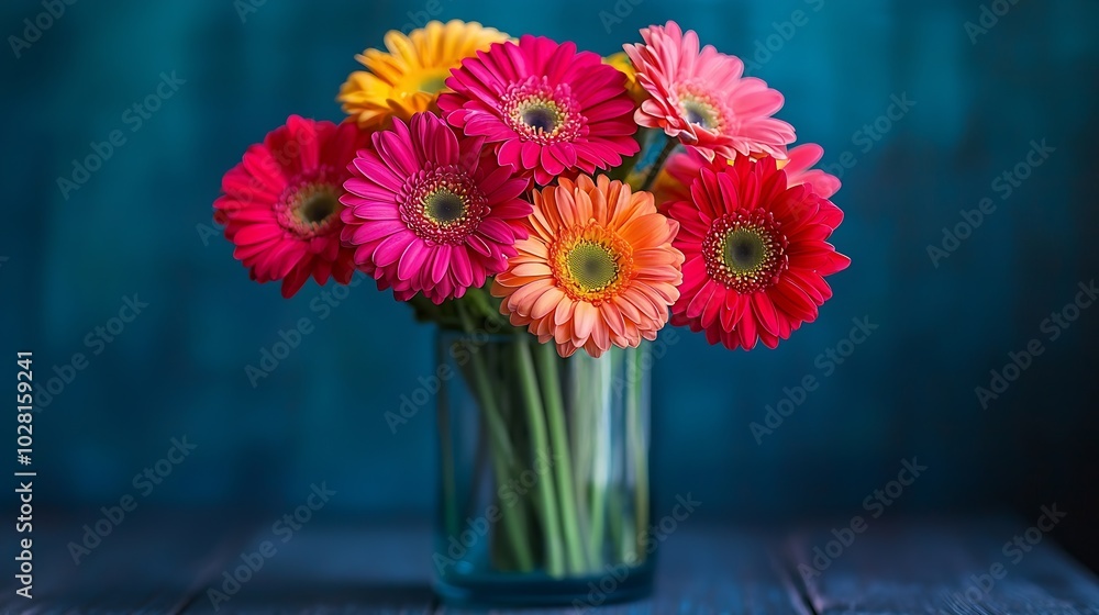 Colorful bunch of gerbera flowers in a glass vase Blue background Copy space : Generative AI Colorful bunch of gerbera flowers in a glass vase Blue background Copy space : Generative AI