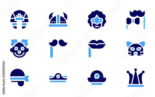 Costume party icon set. Bold style. Duotone colors. pharaoh, viking, costume, pirate patch, pirate, pirate hat, joker hat