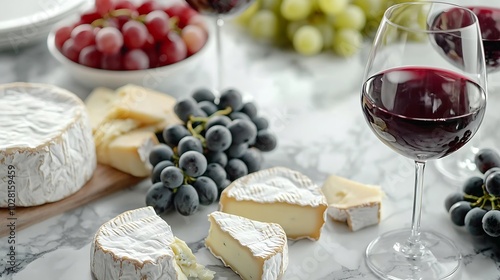 Assortment of cheese grapes with red wine in glasses Marble background Top view : Generative AI