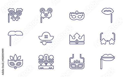 Costume party icon set. Line style. Editable stroke. carnival mask, party mask, glasses, disguise, mustaches, pirate, eye mask, feather