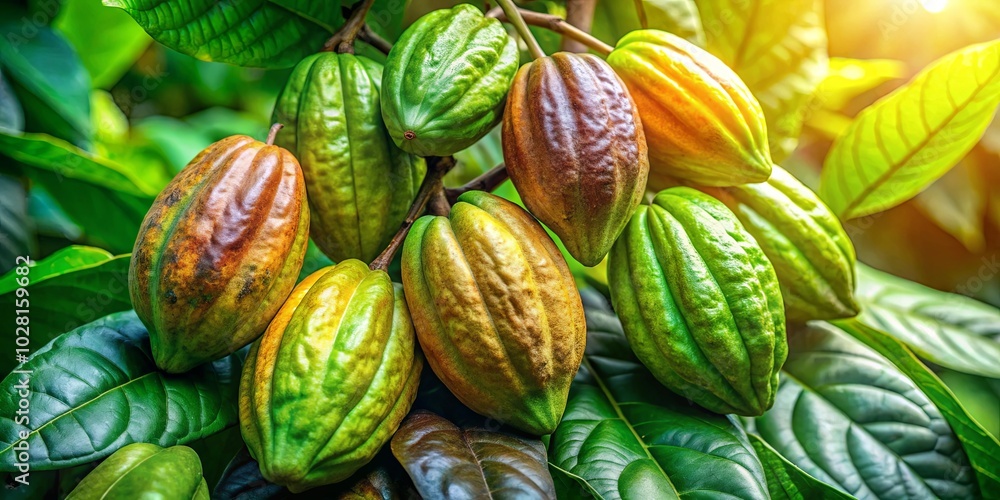 A cluster of ripening pods with vibrant green, yellow, and brown hues, showcasing the natural progression of growth on a tropical plant A cluster of ripening pods with vibrant green, yellow, and brown hues, showcasing the natural progression of growth on a tropical plant