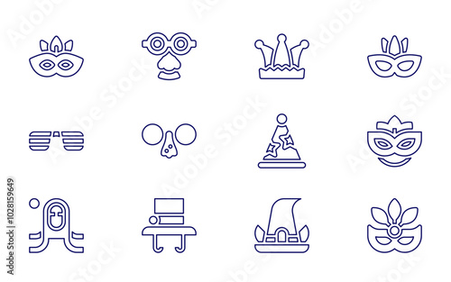 Costume party icon set. Line style. Editable stroke. mask, lips, eye mask, glasses, crown, star glasses, fun glasses, kiss, octopus, hat