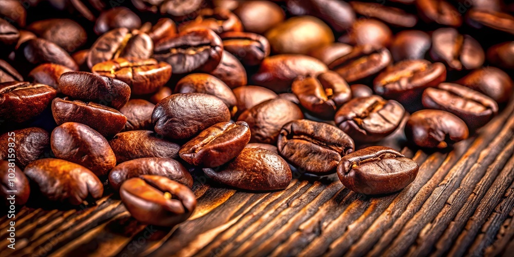 A Close-Up of Coffee Beans Scattered on a Rustic Wooden Surface, Showing Their Rich Brown Color and Detailed Texture A Close-Up of Coffee Beans Scattered on a Rustic Wooden Surface, Showing Their Rich Brown Color and Detailed Texture