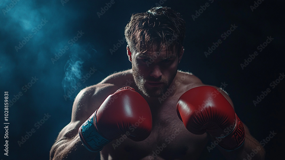 Boxer preparing for a match in a dimly lit gym on Boxing Day evening Boxer preparing for a match in a dimly lit gym on Boxing Day evening