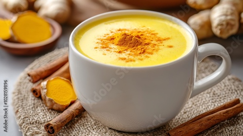 Turmeric drink tea milk with cinnamon with fresh and dried turmeric on a textile grey background : Generative AI photo