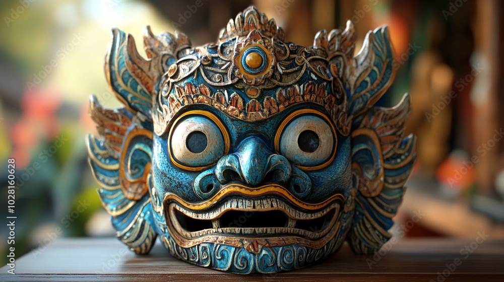 A Balinese mask with intricate details, showcasing the artistry and cultural heritage of Bali. A Balinese mask with intricate details, showcasing the artistry and cultural heritage of Bali.