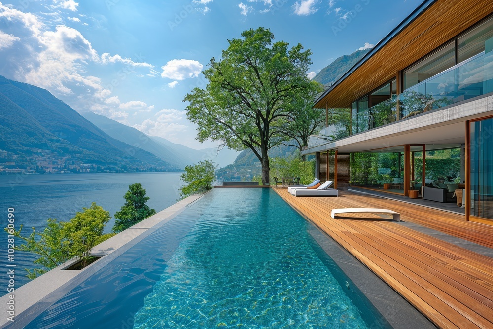 Fototapeta premium Beautiful modern villa with a wooden terrace and swimming pool in the garden, offering a panoramic view of Lake Como, Italy.