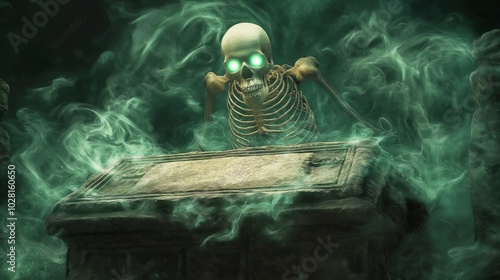 A spectral skeleton hovering over an ancient stone altar, surrounded by swirling dark mist and eerie green light, its hollow eyes glowing with an unsettling brightness. photo