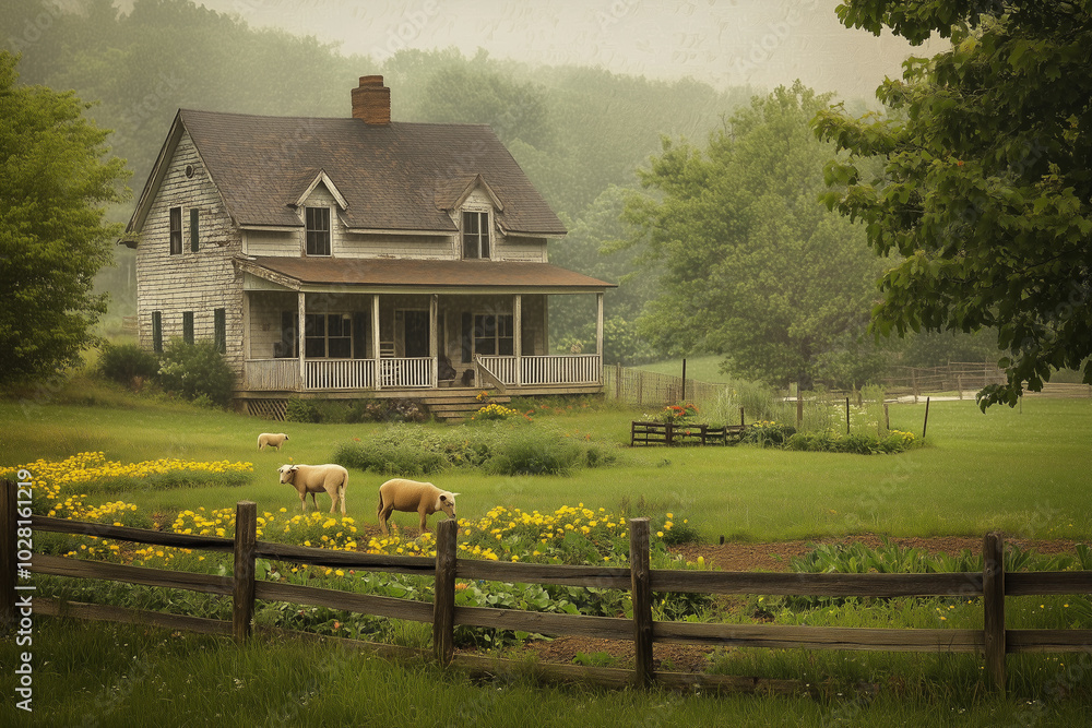 An American rustic farmhouse's outdoor area reflects a harmonious blend of rural charm and functionality, showcasing the agricultural roots of early American life.
An American rustic farmhouse's outdoor area reflects a harmonious blend of rural charm and functionality, showcasing the agricultural roots of early American life.