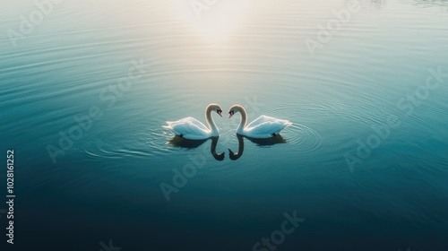 Serene Swans Embracing on Calm Waters at Sunset