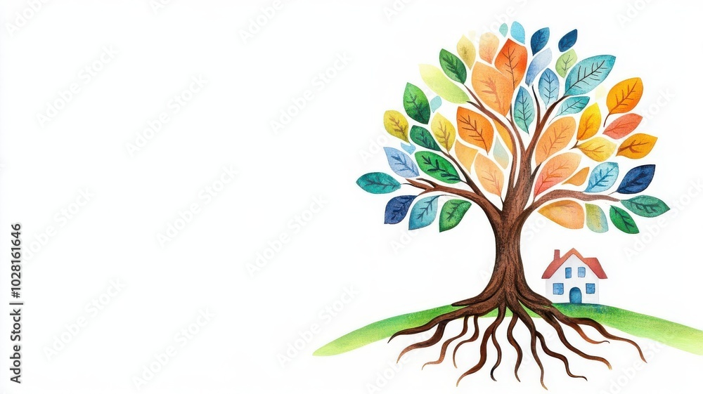 Tree growing with deep roots, vibrant growth, watercolor style Tree growing with deep roots, vibrant growth, watercolor style