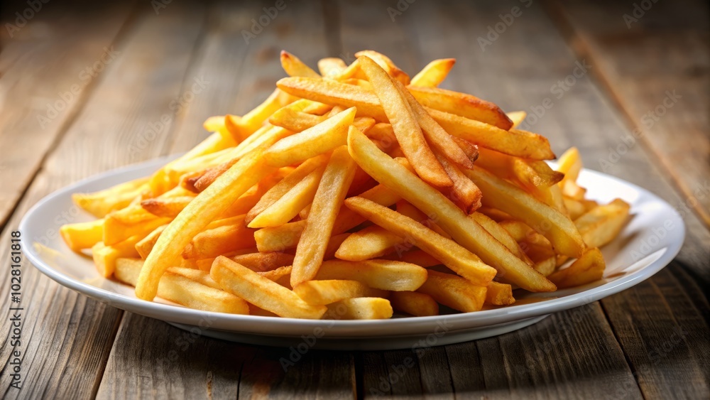 Golden brown French fries elegantly arranged on a pristine white plate, showcasing their crispy texture and irresistible appeal, perfect for food enthusiasts to savor. Golden brown French fries elegantly arranged on a pristine white plate, showcasing their crispy texture and irresistible appeal, perfect for food enthusiasts to savor.