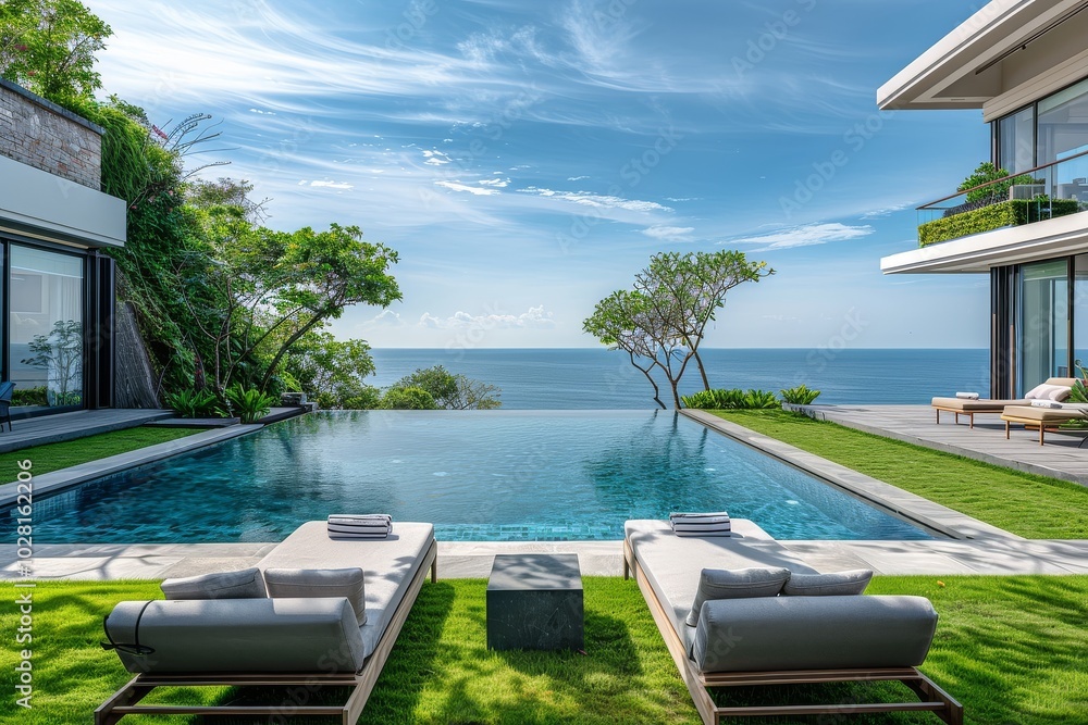 Fototapeta premium Beautiful outdoor garden featuring a swimming pool and beach view, with a grey concrete table between sunbeds on lawn grass under a blue sky.