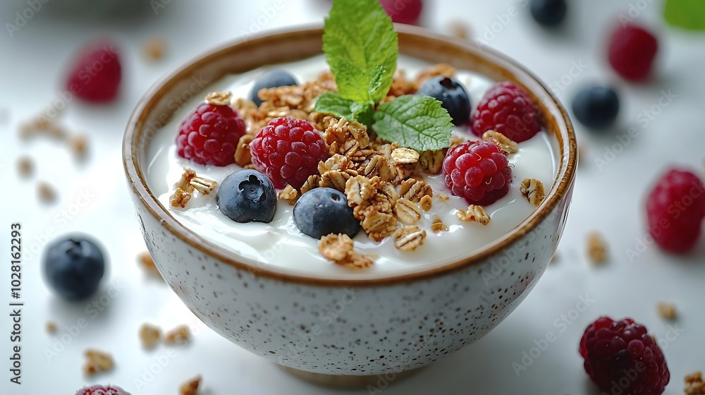 Yogurt with granola honey and fresh berries in a ceramic bowl on white background : Generative AI Yogurt with granola honey and fresh berries in a ceramic bowl on white background : Generative AI