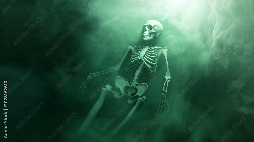 Fototapeta premium A sinister skeletal ghost with a cracked skull floating in the depths of a shadowy cave, illuminated by a faint green glow and surrounded by thick mist swirling through the darkness.