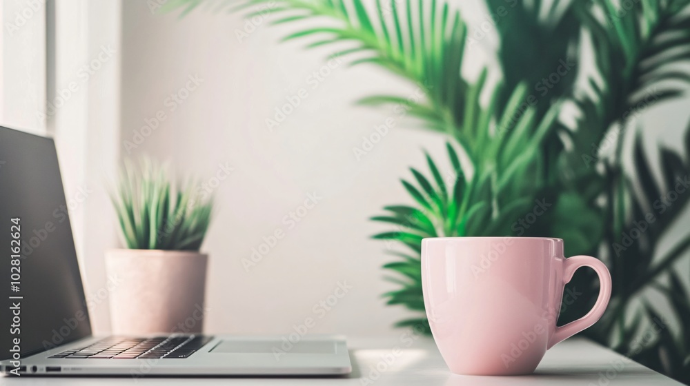 Fototapeta premium Pink mug on white table beside a laptop with green plant leaves in the background.