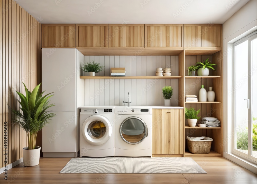 Modern Laundry Room Design with White and Light Wood Cabinets, Washing Machine, and Minimalist Aesthetic for Stylish Home Interiors Modern Laundry Room Design with White and Light Wood Cabinets, Washing Machine, and Minimalist Aesthetic for Stylish Home Interiors
