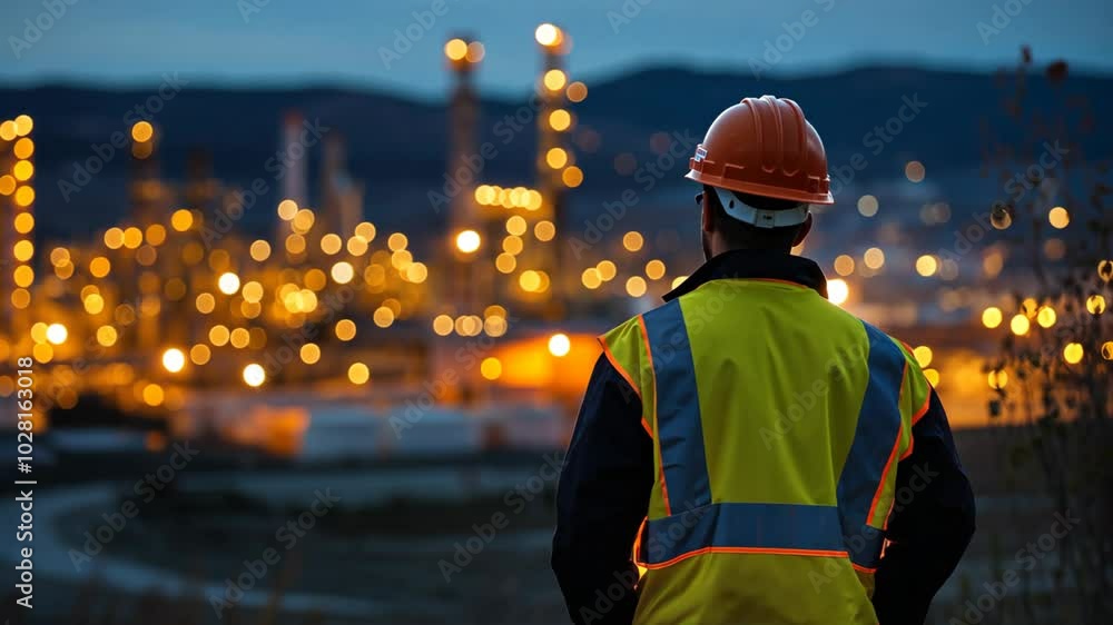 back view of and engineer or industrial worker wearing safety hat with big factory with smoke chimney background back view of and engineer or industrial worker wearing safety hat with big factory with smoke chimney background