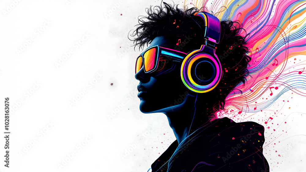 Into the Groove: A silhouette of a vibrant individual lost in the rhythm of music, headphones on, eyes closed, and colorful streaks of sound swirling around them. Into the Groove: A silhouette of a vibrant individual lost in the rhythm of music, headphones on, eyes closed, and colorful streaks of sound swirling around them.
