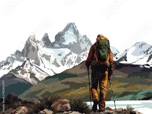 white background, Man marveling at the beauty of Banff National Park in Canada, very simple and isolate in the style of animated illustrations, white background