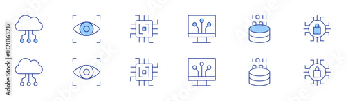 Technology icon set in two styles, Duotone and Thin Line style. Editable stroke. digitalization, cloud data, eye scanner, data analytics, browser, chip