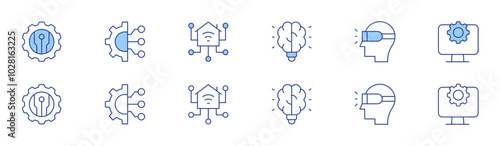 Technology icon set in two styles, Duotone and Thin Line style. Editable stroke. idea, virtual reality glasses, new technologies, settings, engineering, home