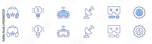 Technology icon set in two styles, Duotone and Thin Line style. Editable stroke. headphones, light bulb, satellite, vr glasses, virtual reality glasses, technology