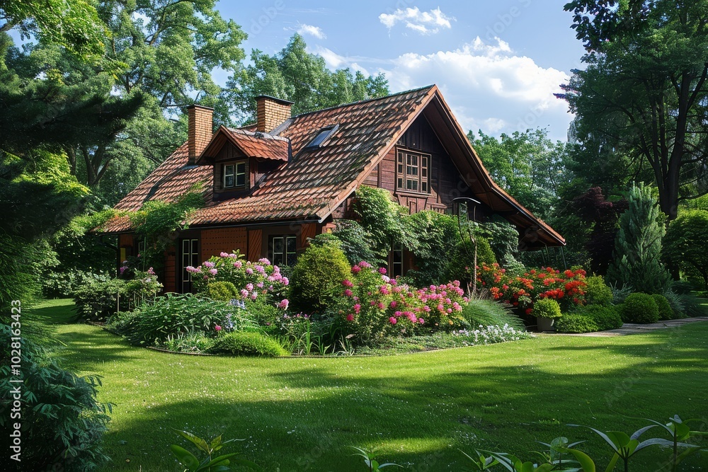 Beautiful private house surrounded by a lush garden and vibrant flowers in Poland during summer, featuring green trees and lawn grass, with flowering rhododendrons and shrubs enhancing the landscape Beautiful private house surrounded by a lush garden and vibrant flowers in Poland during summer, featuring green trees and lawn grass, with flowering rhododendrons and shrubs enhancing the landscape