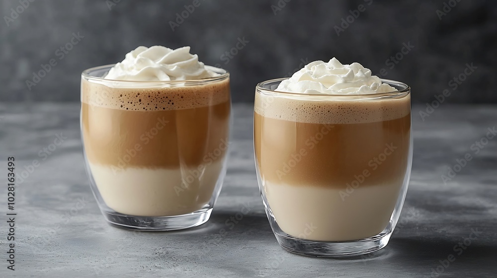 Pumpkin latte with whipped cream in glass cups Grey background Close up : Generative AI Pumpkin latte with whipped cream in glass cups Grey background Close up : Generative AI
