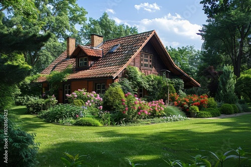 Wallpaper Mural Beautiful private house surrounded by a lush garden and vibrant flowers in Poland during summer, featuring green trees and lawn grass, with flowering rhododendrons and shrubs enhancing the landscape Torontodigital.ca