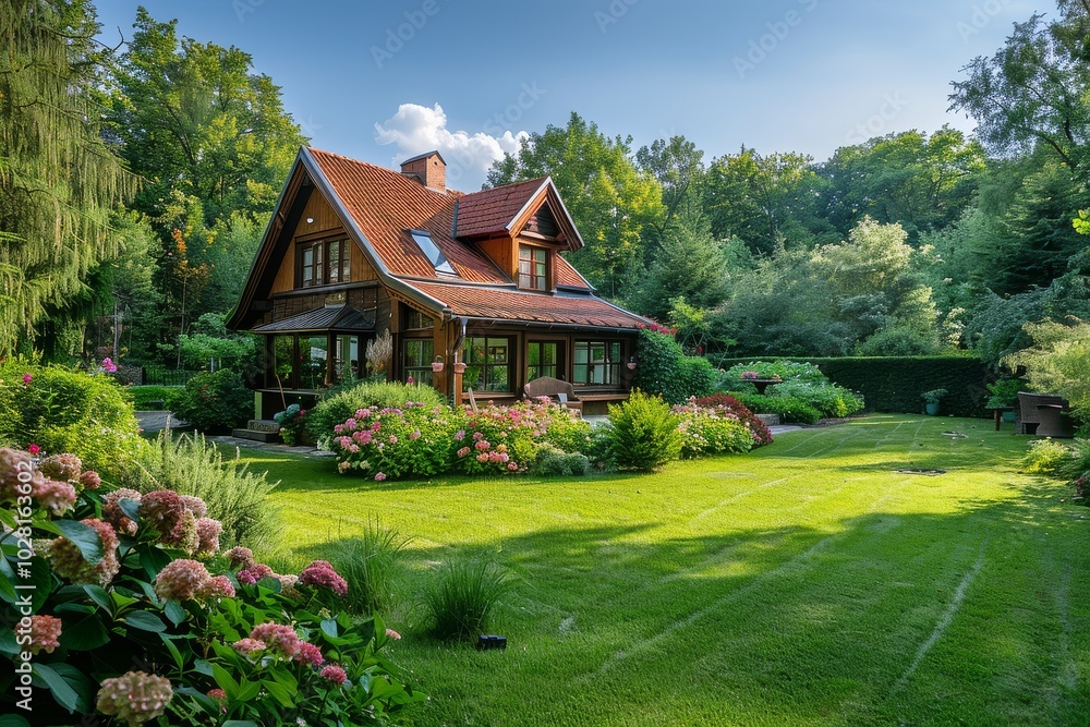 Beautiful private house surrounded by a lush garden and vibrant flowers in Poland during summer, featuring green trees and lawn grass, with flowering rhododendrons and shrubs enhancing the landscape Beautiful private house surrounded by a lush garden and vibrant flowers in Poland during summer, featuring green trees and lawn grass, with flowering rhododendrons and shrubs enhancing the landscape