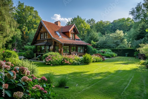 Beautiful private house surrounded by a lush garden and vibrant flowers in Poland during summer, featuring green trees and lawn grass, with flowering rhododendrons and shrubs enhancing the landscape