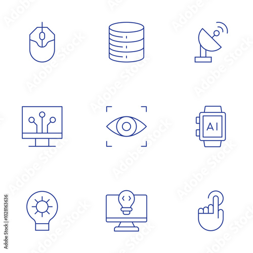 Technology icons set. Thin Line style, editable stroke. database, eye scanner, idea, satellite, smartwatch, touch, computer mouse, digitalization, gear