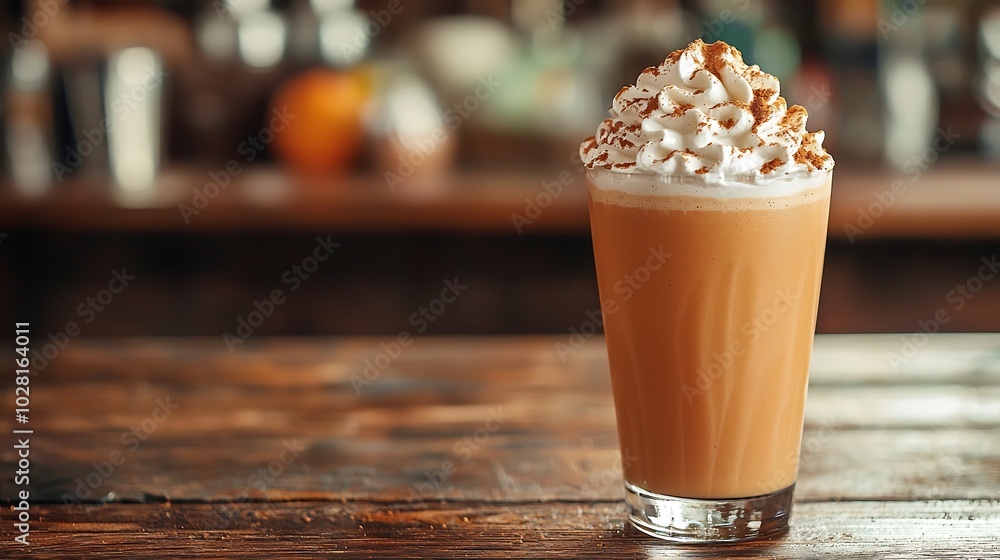 Pumpkin spice latte smoothie with whipped cream on top on a wooden background Copy space : Generative AI Pumpkin spice latte smoothie with whipped cream on top on a wooden background Copy space : Generative AI