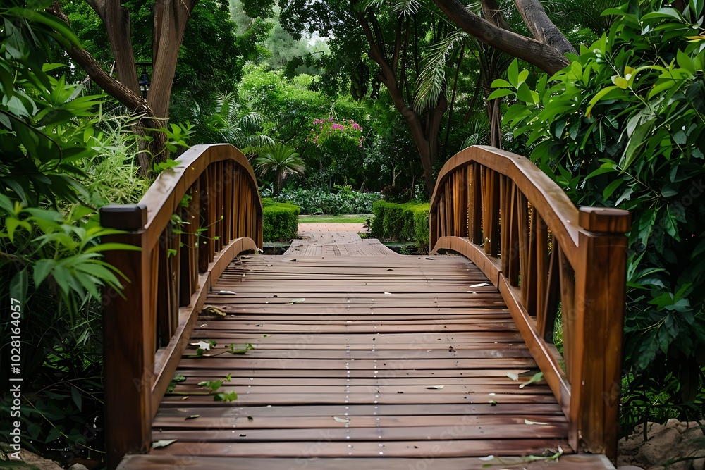 Wooden bridge in the garden, nature background Wooden bridge in the garden, nature background