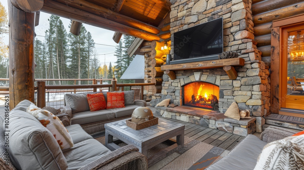 Beautiful rustic stone fireplace in an outdoor living room on the deck of a modern log home, featuring comfortable seating and a flat-screen TV above, with a fire burning and rustic interior design Beautiful rustic stone fireplace in an outdoor living room on the deck of a modern log home, featuring comfortable seating and a flat-screen TV above, with a fire burning and rustic interior design