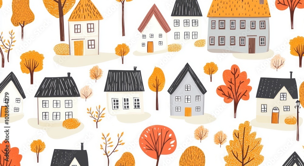 Naklejka premium Whimsical fall illustration with small houses.