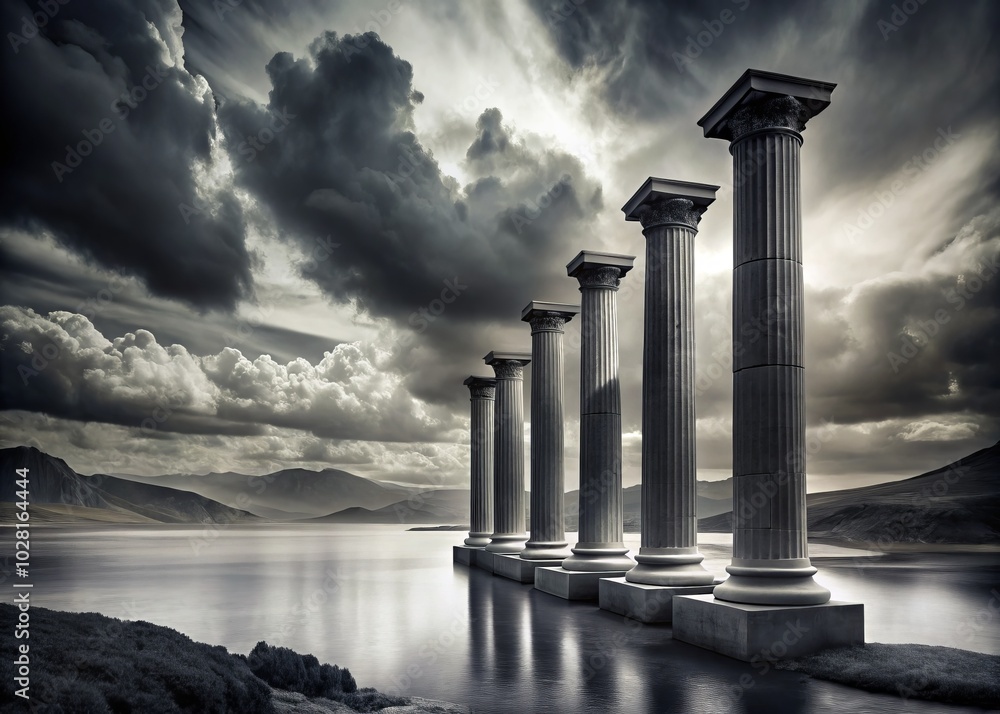 Naklejka premium Monochrome Majesty: Black and White Pillars in Breathtaking Landscape Photography, Evoking Timelessness and Serenity in Nature's Splendor