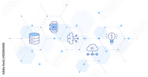 Technology Banner Vector Illustration with Icon Style in Between. Line Duotone icon. Containing artificial intelligence, light bulb, database, smartwatch