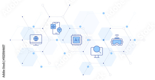 Technology Banner Vector Illustration with Icon Style in Between. Line Duotone icon. Containing internet, vr glasses, ai, computer, smart farm