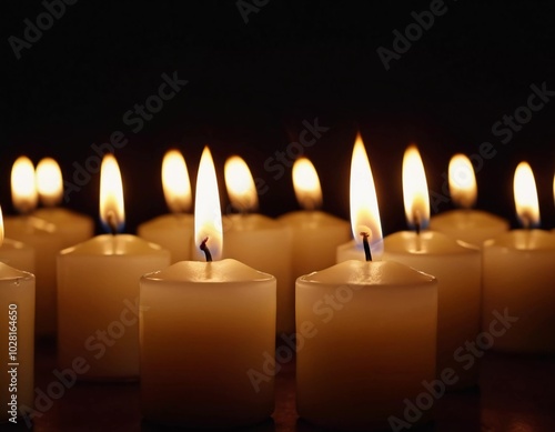 Soft light from flickering candles illuminates tranquil scene, inviting calming ambiance. Expression of regret, eternal memory and mourning. Religious ritual cult. Moments of reflection serenity. AI