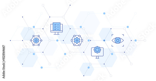 Technology Banner Vector Illustration with Icon Style in Between. Line Duotone icon. Containing usability, computer, eye scanner, network, technology